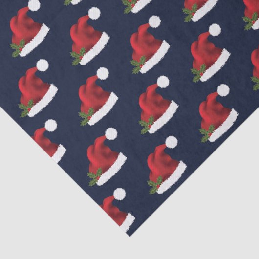 Red Festive Santa Hat op Blue Pattern Tissuepapier (Detail)