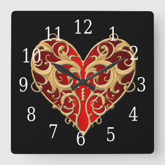 Red Filigree Heart Clock Vierkante Klok (Voorkant)