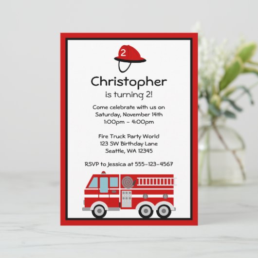 Red Fire Engine en Pet Verjaardagsfeestuitnodiging Kaart (Staand voorkant)