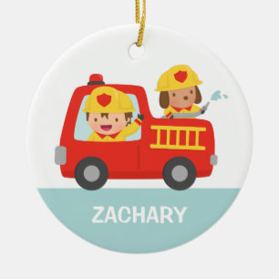 Red Fire Truck met Fire Boys Room Decor Keramisch Ornament