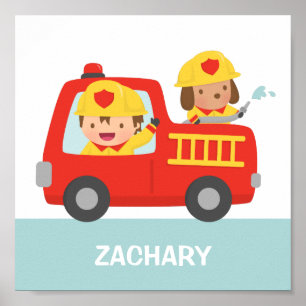 Red Fire Truck met Fire Boys Room Decor Poster