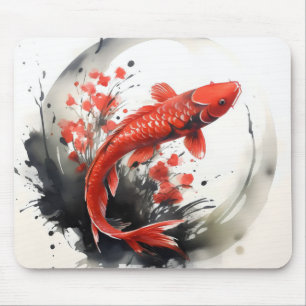 Red Fish Ink Painting Muismat