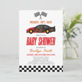 Red Flame Race Auto Geruit Race Flag Baby shower Kaart (Staand voorkant)