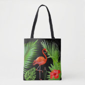 Red Flamingo, Hibiscus en Palm Leaves op Black Draagtas (Voorkant)