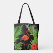 Red Flamingo, Hibiscus en Palm Leaves op Black Draagtas (Achterkant)
