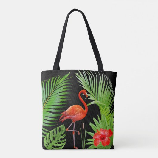 Red Flamingo, Hibiscus en Palm Leaves op Black Draagtas (Achterkant)