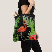 Red Flamingo, Hibiscus en Palm Leaves op Black Draagtas (Dichtbij)