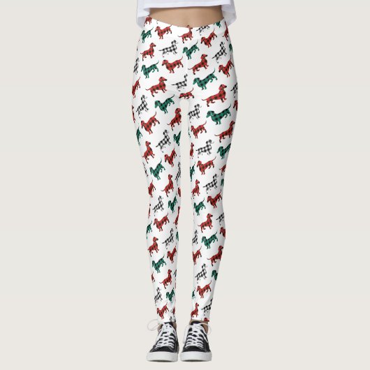 Red Flannel Kerstmis Dachshund Pattern Leggings (Voorkant)