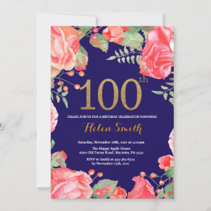 Red Floral 100th Birthday Invitation Gold Glitter Kaart