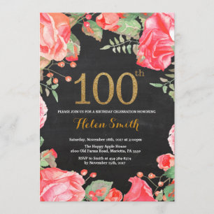 Red Floral 100th Birthday Invitation Gold Glitter Kaart
