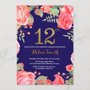 Red Floral 12th Birthday Invitation Gold Glitter Kaart