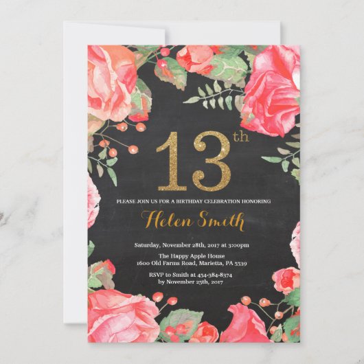 Red Floral 13e anniversaire Invitation Parties sci (Devant)