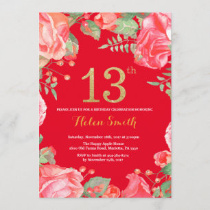 Red Floral 13th Birthday Gold Glitter en Red Kaart
