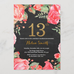 Red Floral 13th Birthday Invitation Gold Glitter Kaart