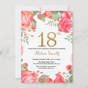 Red Floral 18th Birthday Invitation Gold Glitter Kaart
