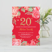 Red Floral 20th Birthday Gold Glitter en Red Kaart (Staand voorkant)