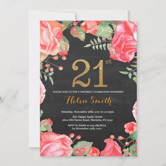 Red Floral 21st Birthday Invitation Gold Glitter Kaart (Voorkant)