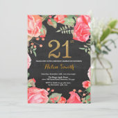 Red Floral 21st Birthday Invitation Gold Glitter Kaart (Staand voorkant)
