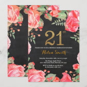Red Floral 21st Birthday Invitation Gold Glitter Kaart (Voorkant / Achterkant)