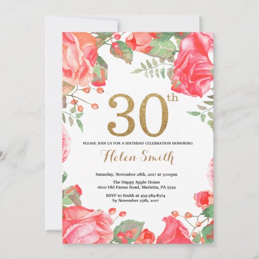 Red Floral 30th Birthday Invitation Parties scinti (Devant)