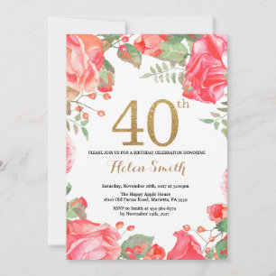 Red Floral 40th Birthday Invitation Gold Glitter Kaart