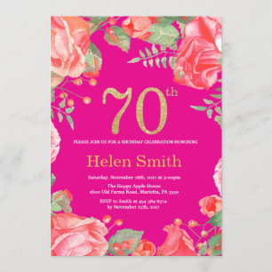 Red Floral 70th Birthday Gold Glitter en Hot Pink Kaart