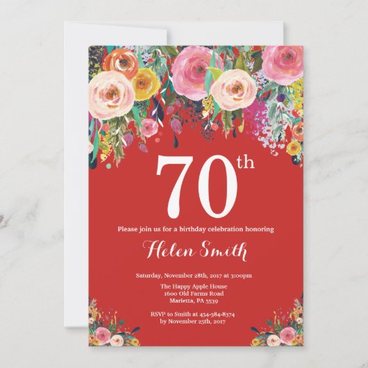 Red Floral 70th Birthday Invitation Kaart (Voorkant)