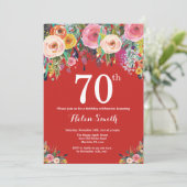 Red Floral 70th Birthday Invitation Kaart (Staand voorkant)