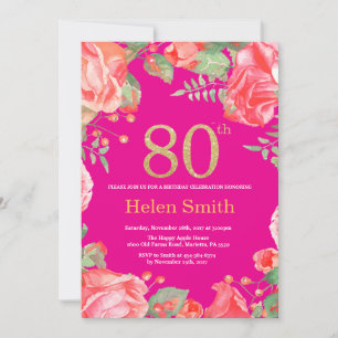 Red Floral 80th Birthday Gold Glitter en Hot Pink Kaart