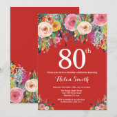 Red Floral 80th Birthday Invitation (Devant / Derrière)