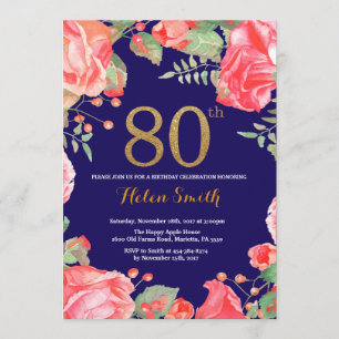 Red Floral 80th Birthday Invitation Gold Glitter Kaart