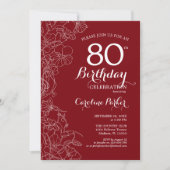 Red Floral 80th Birthday Party Kaart (Voorkant)