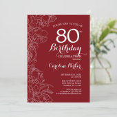 Red Floral 80th Birthday Party Kaart (Staand voorkant)