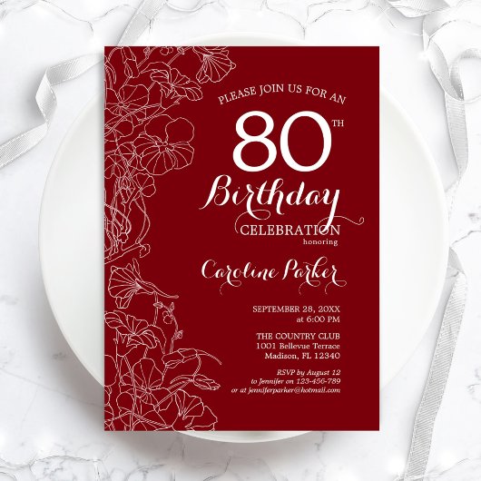 Red Floral 80th Birthday Party Kaart