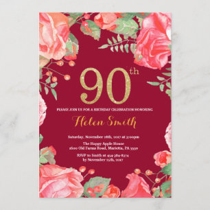Red Floral 90th Birthday Gold Glitter Burgundy Red Kaart