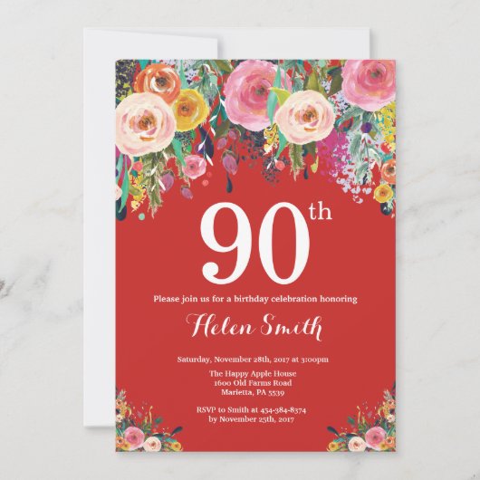 Red Floral 90th Birthday Invitation (Devant)