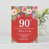 Red Floral 90th Birthday Invitation (Debout devant)