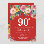 Red Floral 90th Birthday Invitation (Devant / Derrière)