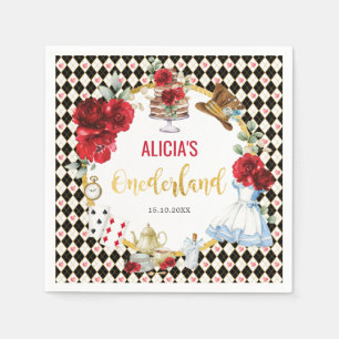 Red Floral Alice in Onederland Birthday Tea Party Servet
