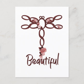 Red Floral "Beauful" Dragonfly-ontwerp Briefkaart