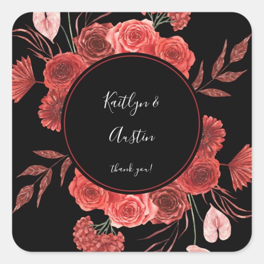 Red Floral bedankt - zwart Vierkante Sticker (Voorkant)
