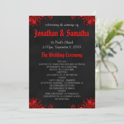 Red Floral Black Chalkboard Programme de mariage g (Debout devant)