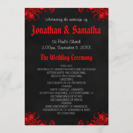 Red Floral Black Chalkboard Programme de mariage g (Devant)