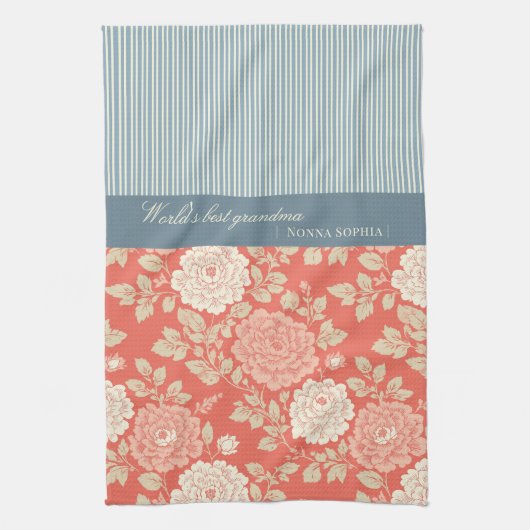 Red Floral Block Print w Blue Stripes Theedoek (Verticaal)