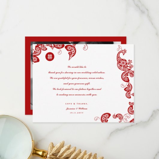 Red Floral Boho Peacock Eastern Chic Asian Wedding Bedankkaart (Voorkant / Achterkant in situ)