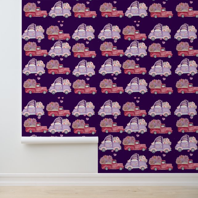 Red Floral Car Gnome Romantic Textured Vinyl Behang (Applicatie)