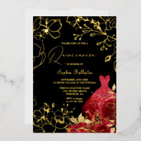 Red Floral en Dress Black Quinceanera Gold Leaves