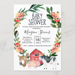 Red Floral Farm Animals Baby shower uitnodiging