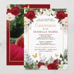 Red Floral Foto Quinceanera Invite in het Spaans Kaart