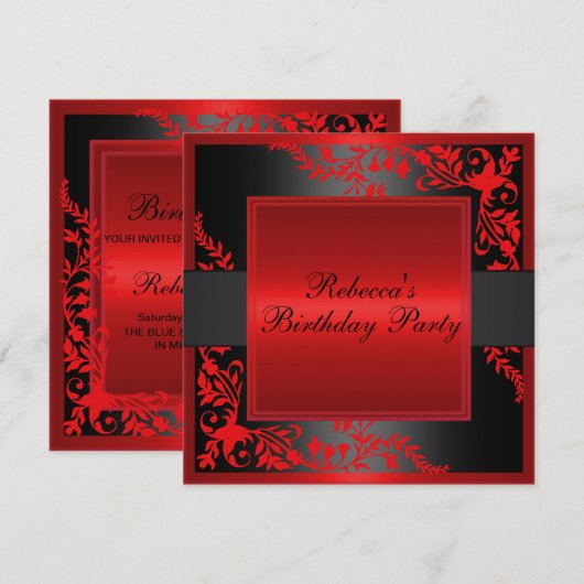 Red Floral Frontière Invitation d'anniversaire (Devant / Derrière)